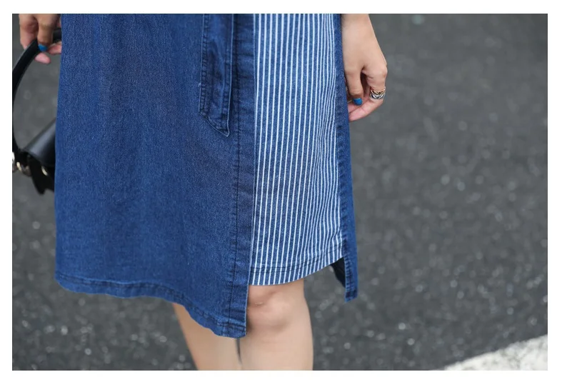 Новинка 5XL весна осень женские платья Плюс Размер повседневные v-образным вырезом сбора пояса лоскутное джинсовое платье для женщин Джинсовое цельное