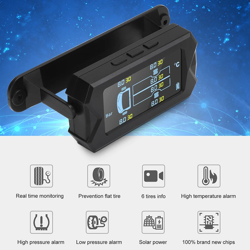 Car Wireless Tire pressure monitor 6 External TPMS Sensor 15bar Temperature Alarm System LCD USB Solar 6 wheel truck dedicated