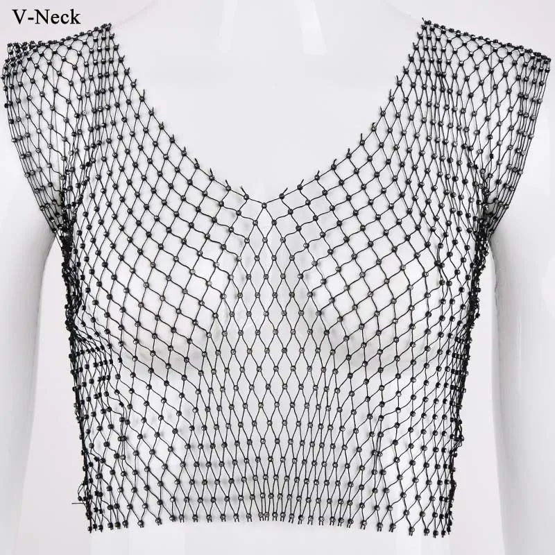 BI391BVneck VIKINII Sleeveless Crystal White Women Tops Summer Beach Women Bikini Tops Rhinestone Sexy Women Beachwear O-Neck - Цвет: BI391BVneck