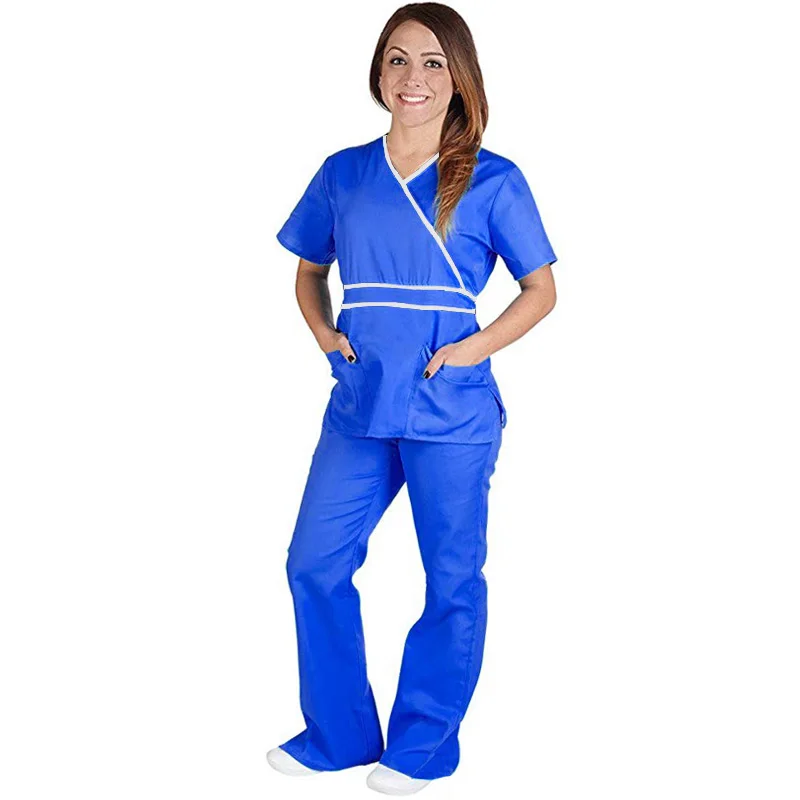 sapphire blue set V шеи скрабы Женская медицинская Униформа летние с коротким рукавом скрабы Enfermagem рабочая одежда медсестры Регулируемый набор скрабов - Цвет: sapphire blue set