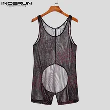 

INCERUN See-through Jumpsuit New Men Fashion Casual Onesies Loungewear Round Neck Printing Stretch Bodysuit Jumpsuits S-5XL 2021