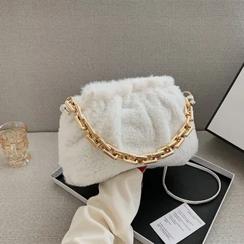 

Casual Solid Chain Pleated Handbag Women Plush Cloud Shoulder Bags Fashion Female Crossbody Bags