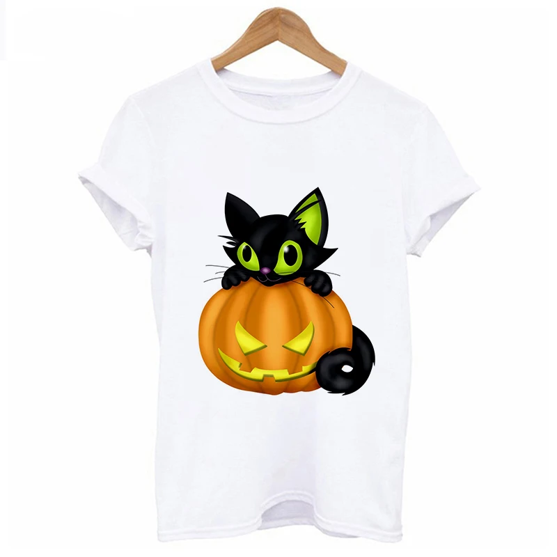 New halloween Cat and pumpkin 2019 t shirt women fashion Harajuku Short Sleeve t shirt White Comfortable Tshirt Tops clothing