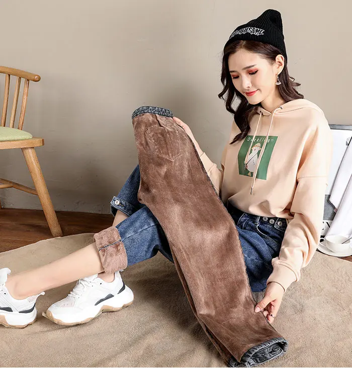 Новые свободные штаны с высокой талией, женские джинсы, зимние плотные вельветовые Теплые длинные брюки, модные женские джинсы, джинсовые штаны