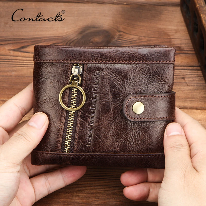 CONTACT'S cartera de cuero genuino para hombre, monedero pequeño, portatarjetas Rfid, billetera informal con diseño de broche, bolsillo con cremallera|Carteras| -