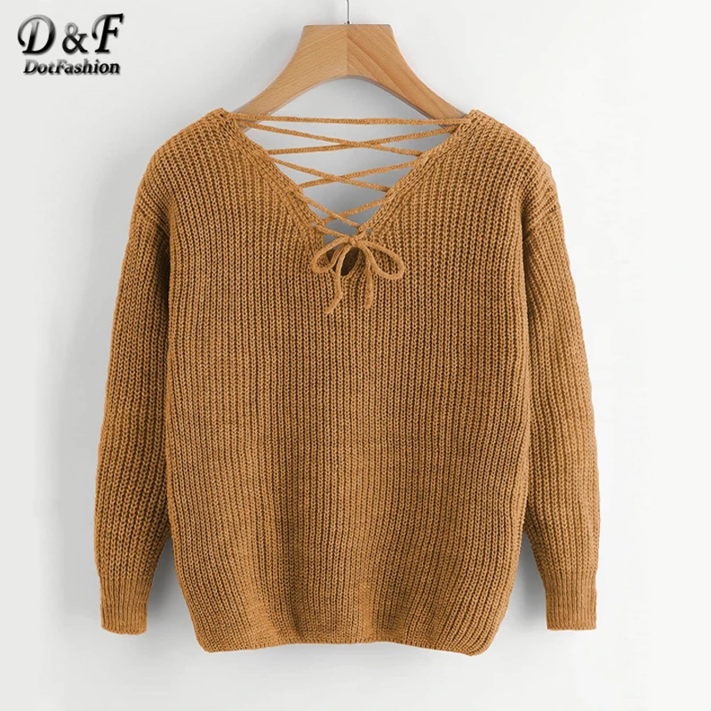 Dotfashion Повседневное V образным вырезом свитера с карманами в Для женщин-осенние брюки цвета хаки с длинным рукавом свитера женские сзади крест-накрест Топ