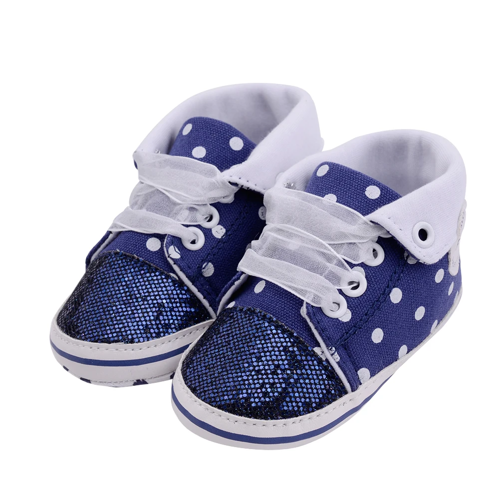 Блестящие кружевные туфли в горошек для новорожденных; вечерние туфли для маленьких девочек; Повседневная парусиновая обувь с мягкой хлопковой подошвой для маленьких девочек; Мокасины - Цвет: Синий