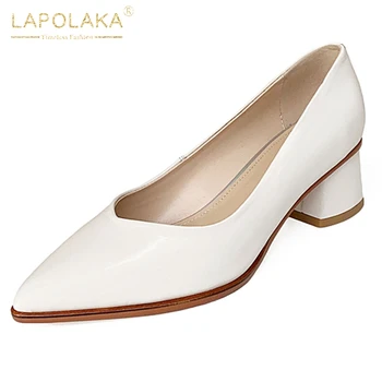 

Lapolaka 2020 Hot Sale Genuine Leather Square Heels Elegant Pumps Woman Shoes Pointed Toe Slip On Office Shoes Women Pumps