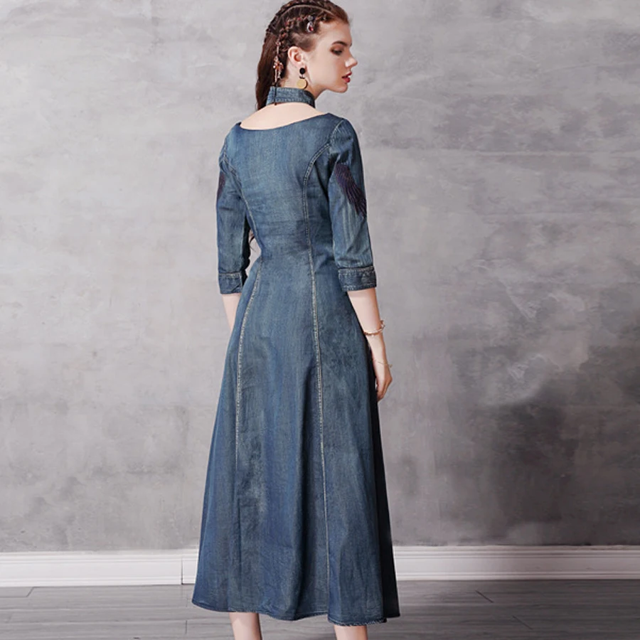 TEELYNN джинсовые платья для женщин cheongsam платья синий хлопок Феникс Цветочная вышивка бохо платье осень цыганские платья vestidos