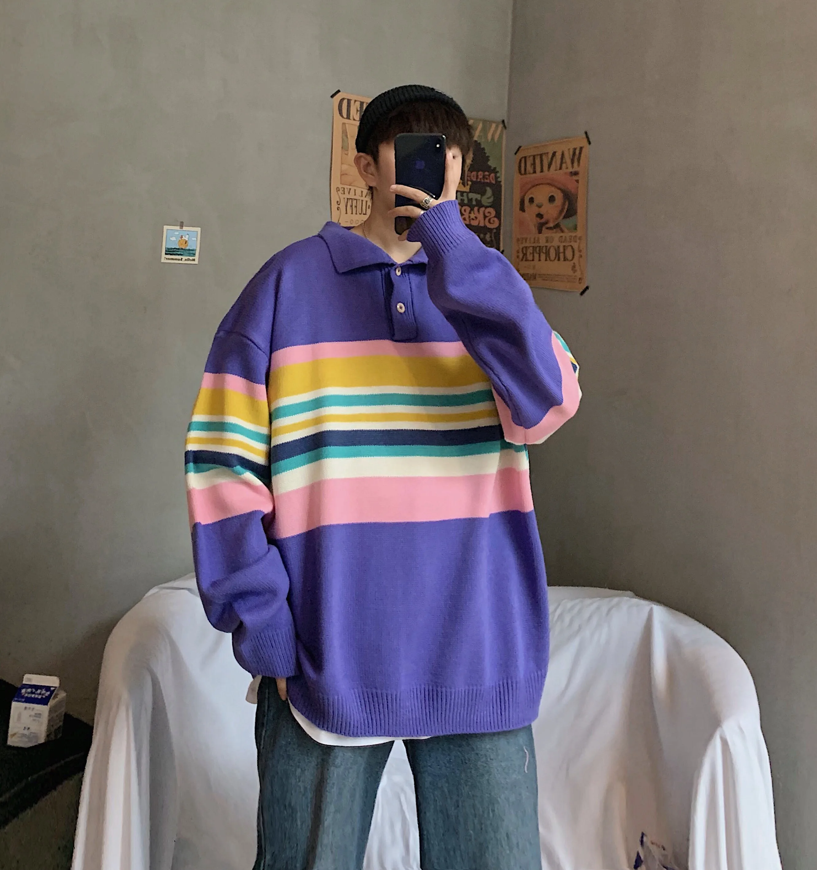 Autumn/winter new slimming color retro long-sleeve sweater loose casual round collar personality youth men's wear - Цвет: Violet