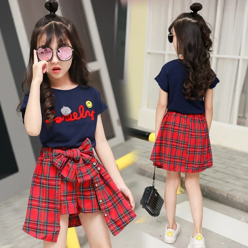 Girls Clothing Set New Fashion Summer Girls Clothing Set Child Clothes Tracksuit Girls Boutique Outfits T-shirt + Plaid Shorts 4 6 7 8 10 12 Years