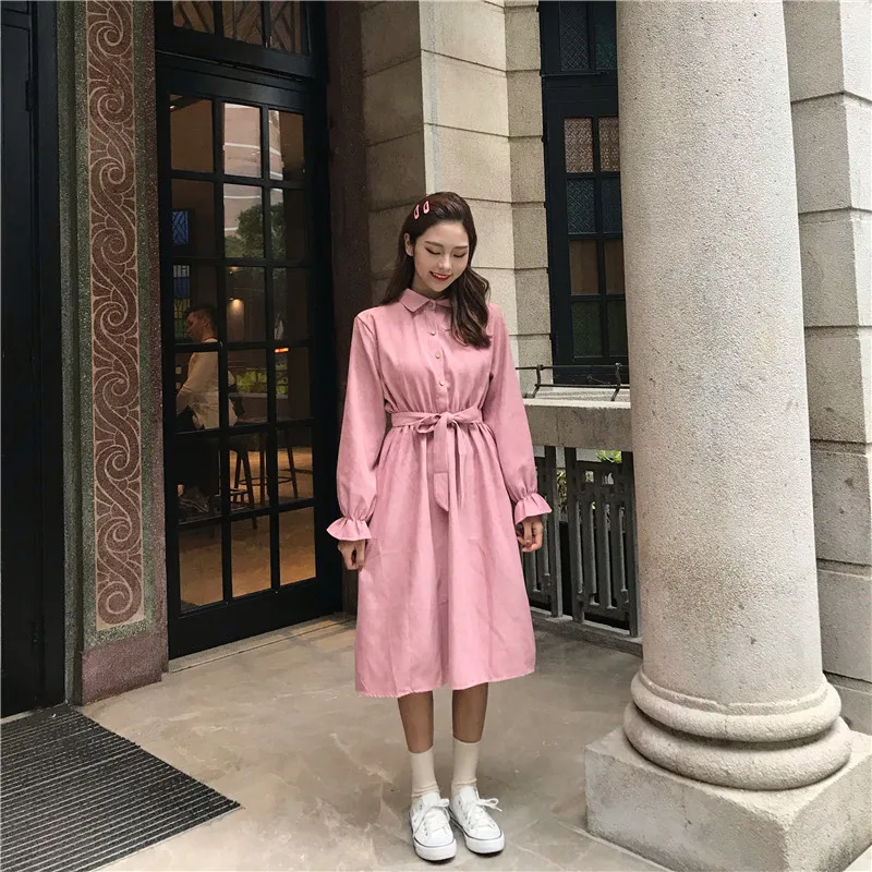 

Women Bow Bandage Turndown Collar Dress Sweet Girl Long Sleeve Autumn Tunic Dresses Vetement Femme Ws*