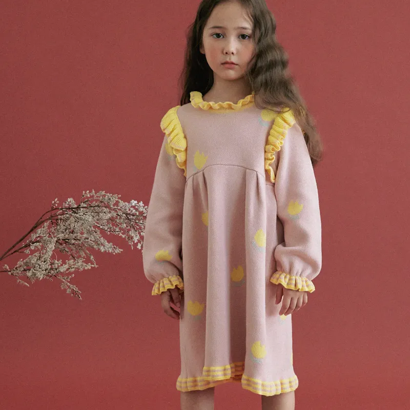 Новое осенне-зимнее вязаное платье с оборками и рукавами-крылышками для маленьких девочек, 19