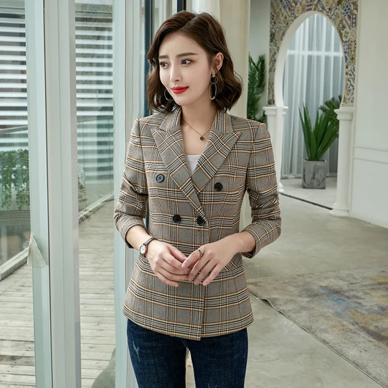 

New high quality women's check jacket Casual temperament long-sleeved double-breasted large size suit jacket female Office top