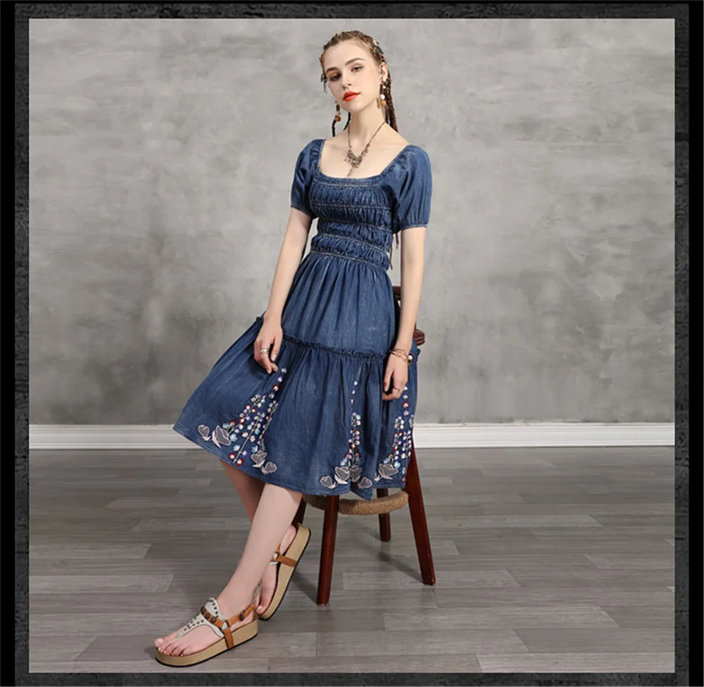 Summer Denim Dress 2020 Vintage Women Square Collar Dresses Short Sleeve Embroidery Elastic Waist Vestidos K82237 Girl's DRESS (10)