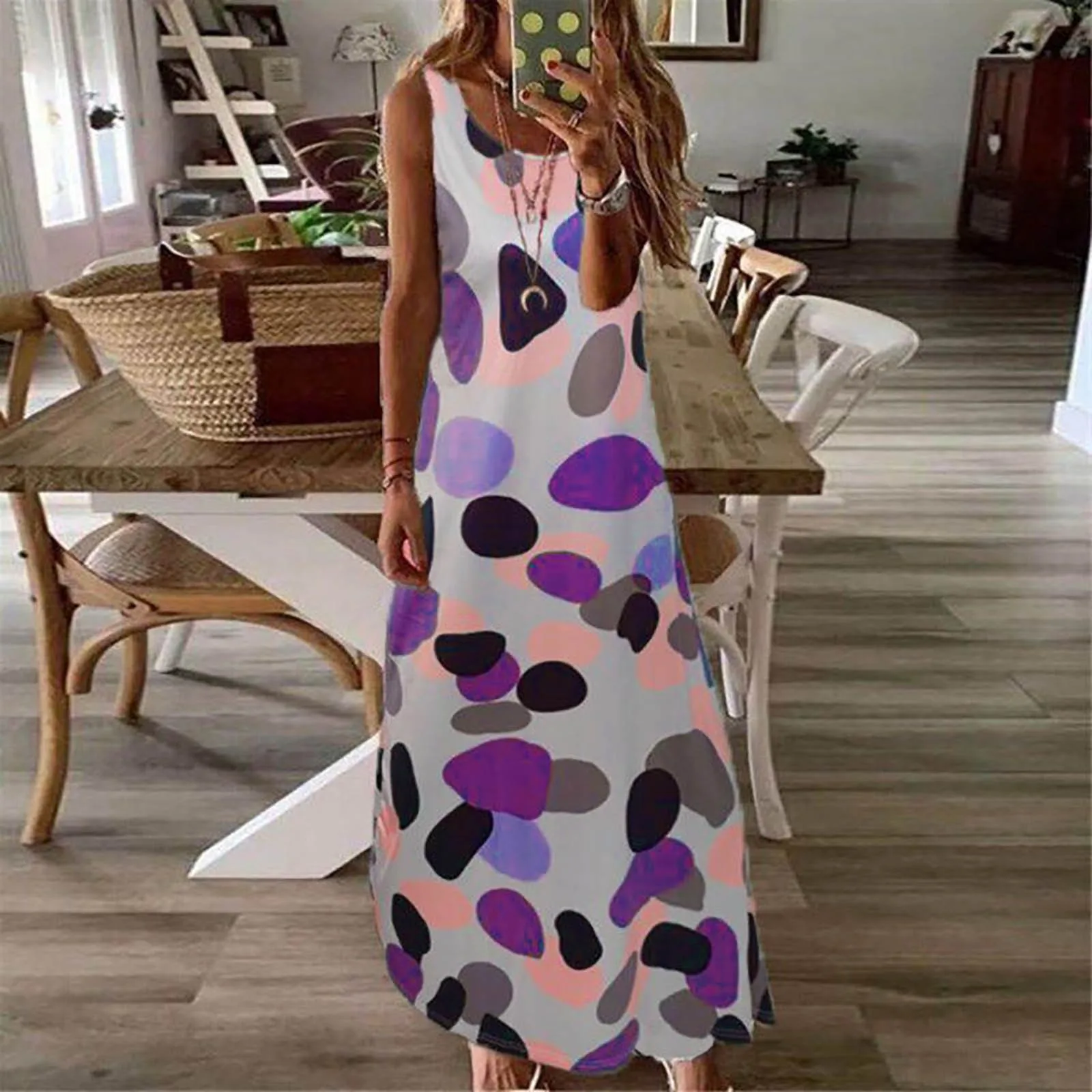 Women's Fashion Summer Casual Printed O-Neck Sexy Sleeveless Dresses Long Ladies Tank Dress Ankle-Length Vintage Vestido Mujer 1