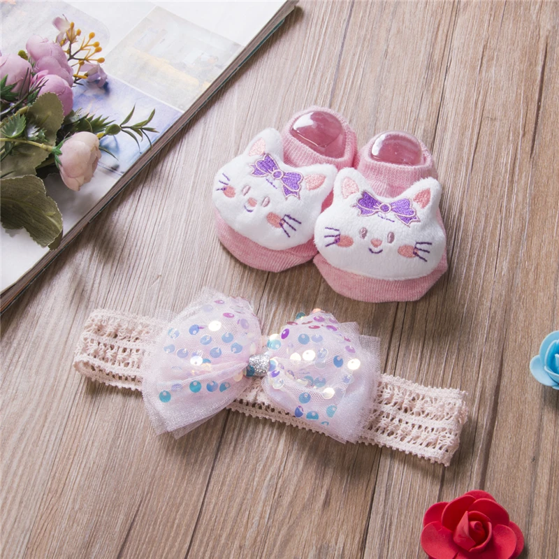 

2020 Lovely Baby Girl Socks & Headband Set Flower Bowknot Crown Headwrap + Booties Socks Non-slip scoks Autumn Cartoons animal