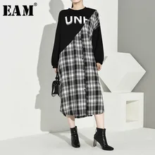 [EAM] женское клетчатое длинное платье большого размера с буквенным принтом, новинка, круглый вырез, длинный рукав, свободный крой, модная одежда, весна-осень, 1D6400
