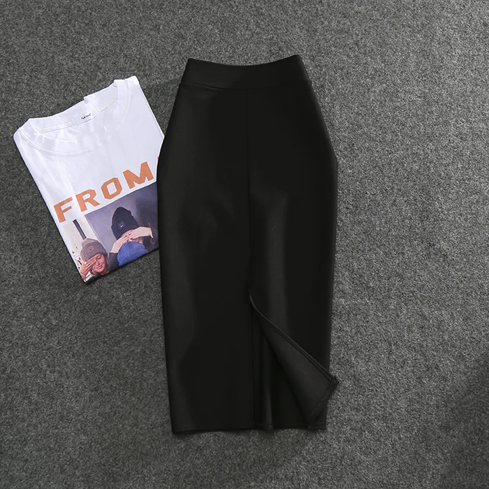 Высококачественные женские юбки s, Офисная Женская юбка, облегающая до колена, высокая талия, стрейчевая, хлопок, прямые юбки-карандаш - Цвет: black 70CM