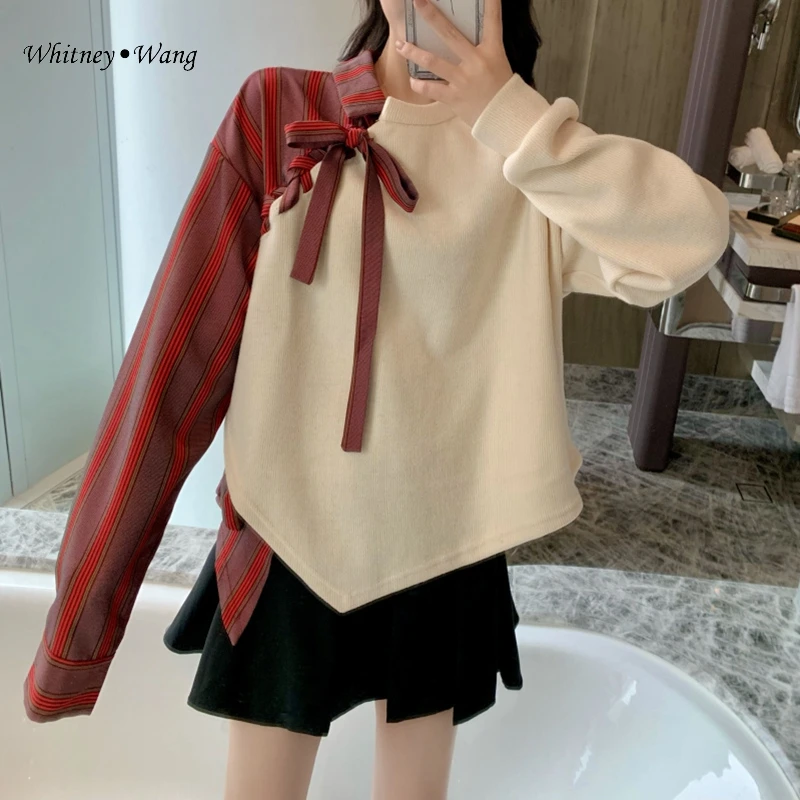 WHITNEY WANG весна осень мода уличная полосатая рубашка Лоскутная Асимметричная Толстовка женские толстовки пуловер