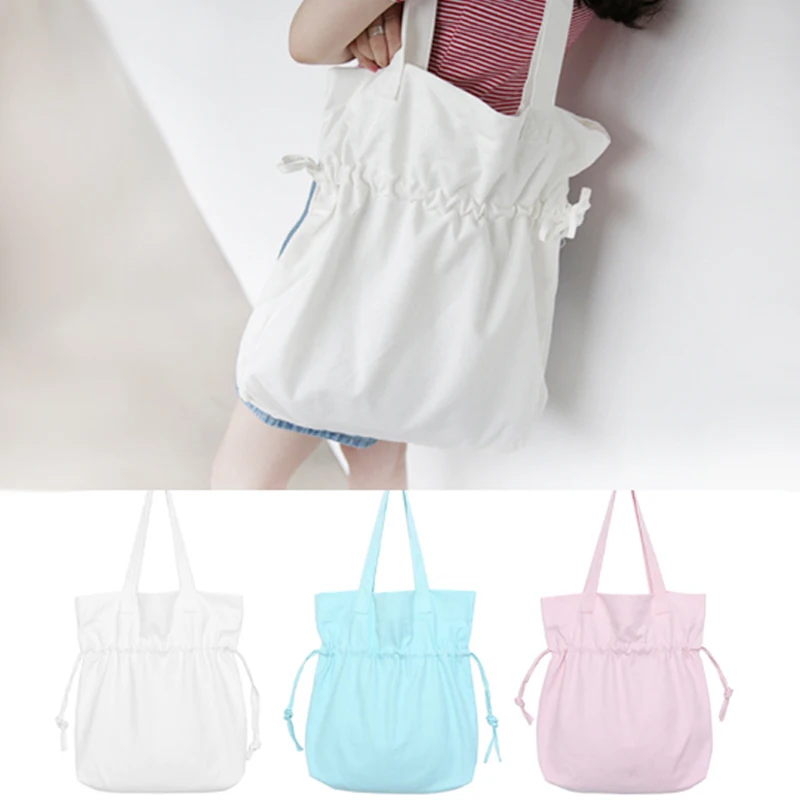 

Canvas Shopping Bag Drawstring Design Handbag Large Ladies Shoulder Bags Reusable Shopping Green Folding Female Beach Bag