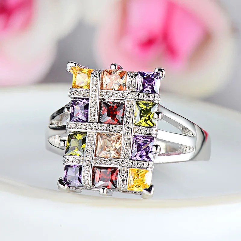 Bague Ringen, геометрический дизайн, серебро 925, ювелирные изделия, вечерние кольца для женщин, разноцветные драгоценные камни, прямоугольные Женские аксессуары, Size6-10