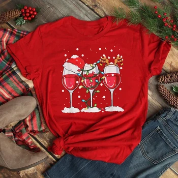 Maycaur New Kawaii Christmas Wine Glass Print T Shirt  New Year Women Tops Cartoon Shirt Female Holiday Graphic T Tee T-shirt 1