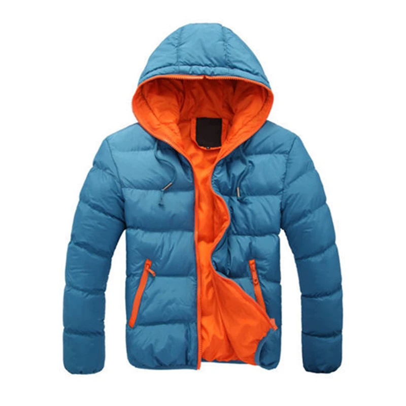 Blue-Orange Мужское зимнее теплое пальто, стеганые куртки с капюшоном, повседневные теплые плотные пальто, модные хлопковые облегающие куртки с карманами, большие размеры 3XL - Цвет: Blue-Orange