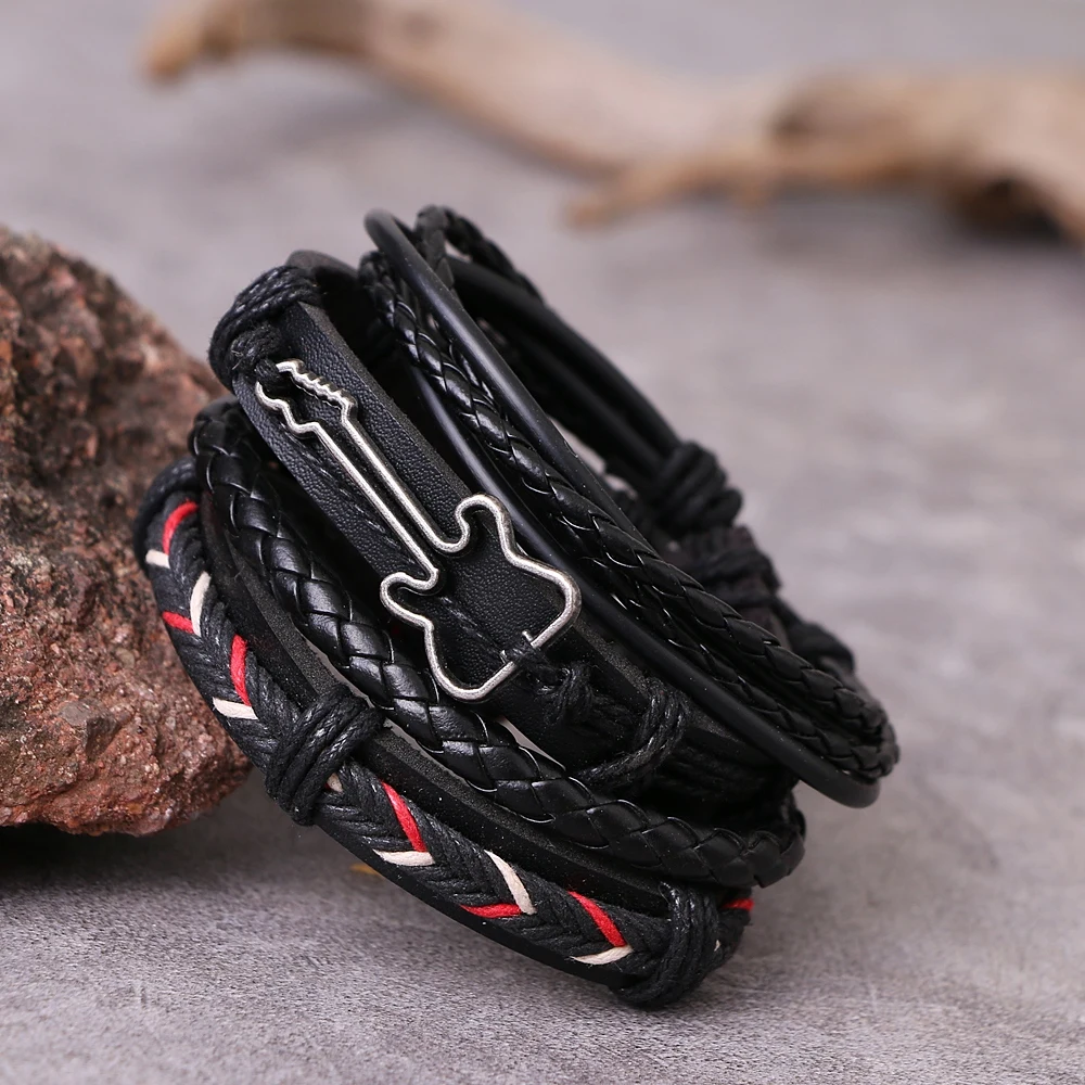 Guitar Cross Leaf Charm Weave Leather Bracelets 4 Pcs/set For Men Women Homme Femme Male Jewelry leather braided bracelet leather bracelet charm bracelet