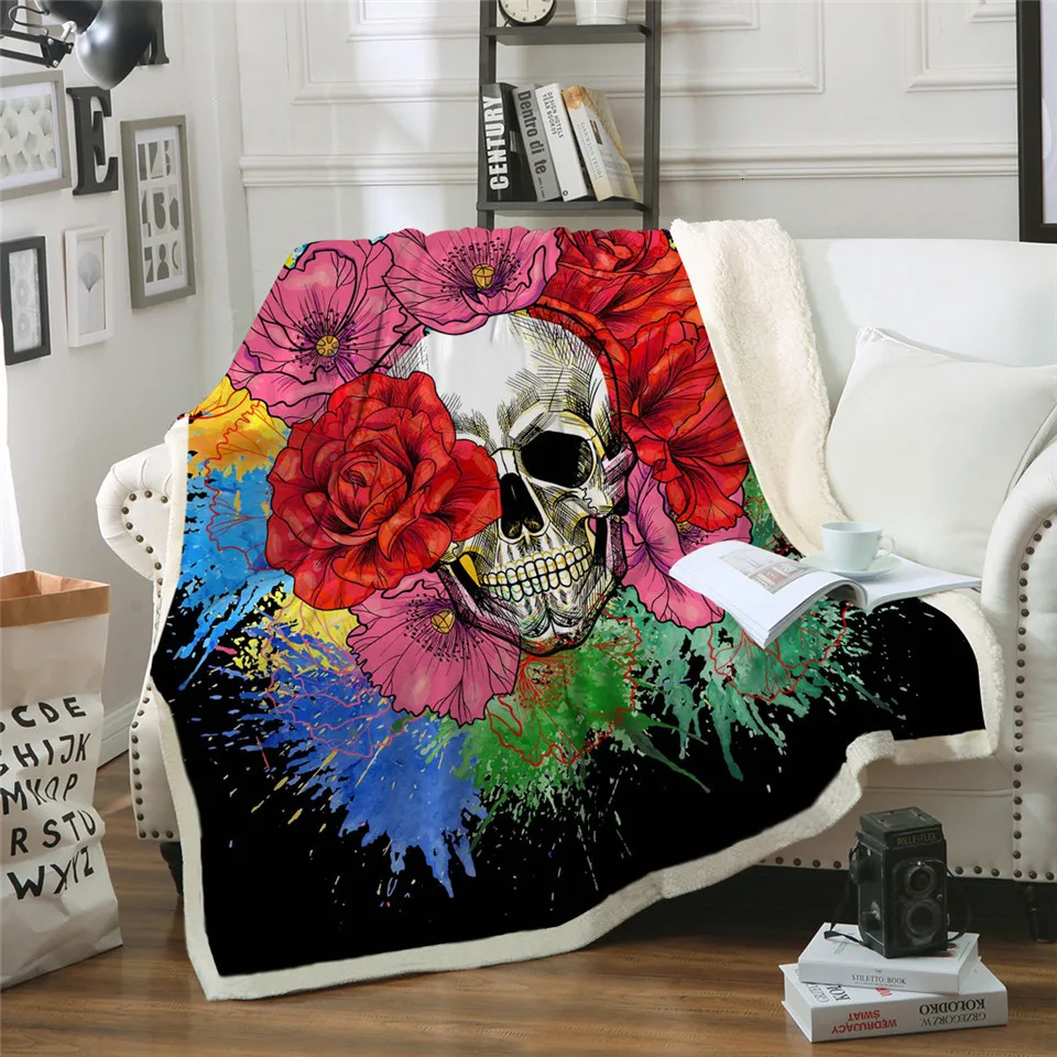 Постельные принадлежности Outlet Skull коллекция шерпа одеяло Цветочный Золотой плюшевый диван пледы одеяло Готическая Корона Роза Сахар Череп тонкое одеяло