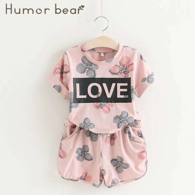 pink BZ135I Humor Bear Girls Clothing Set Summer New Cute Flowers Flying sleeves T-shirt+ Shorts Kids Suit Toddler Baby Girls Clothes - Цвет: pink BZ135I
