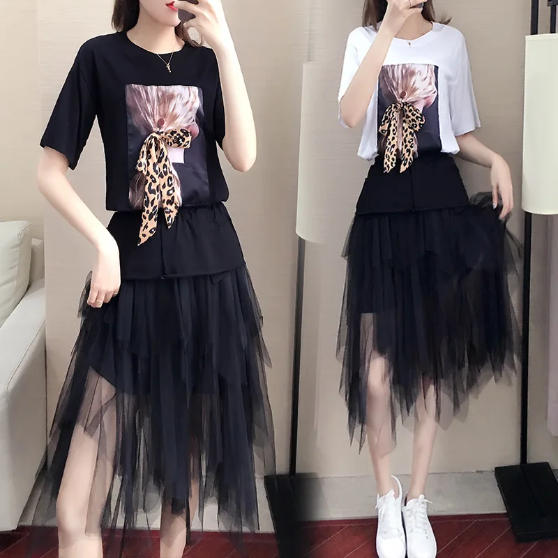 

2019 Summer Wear New Style Korean-style Large Size Dress Fat Mm Printed Bow Tops Gauze Skirt Two-Piece Set