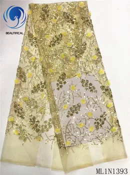 

BEAUTIFICAL french lace fabrics 3d flowers lace fabric Hot sale sequins embroidery tulle lace fabric for women ML1N1393