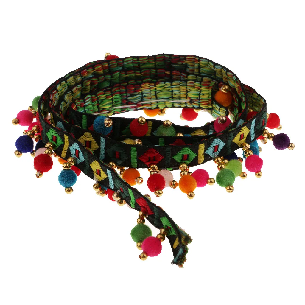 1 Yard Multicolored Ethnic Style Pompom Beads Fringe Tassel Braid Jacquard Ribbon DIY Sewing Fabric Craft Decorative Jewelry