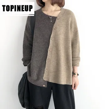 

2020 Womens Spring Simple casual V-neck Color matching loose irregular woolen sweater women's jacket