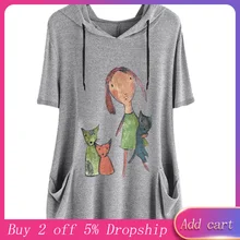 Новинка, женская футболка размера плюс, повседневная, для девушек, с принтом, с коротким рукавом, рубашки, боковой карман, с капюшоном, необычный Топ, хлопковая футболка, femme# g30