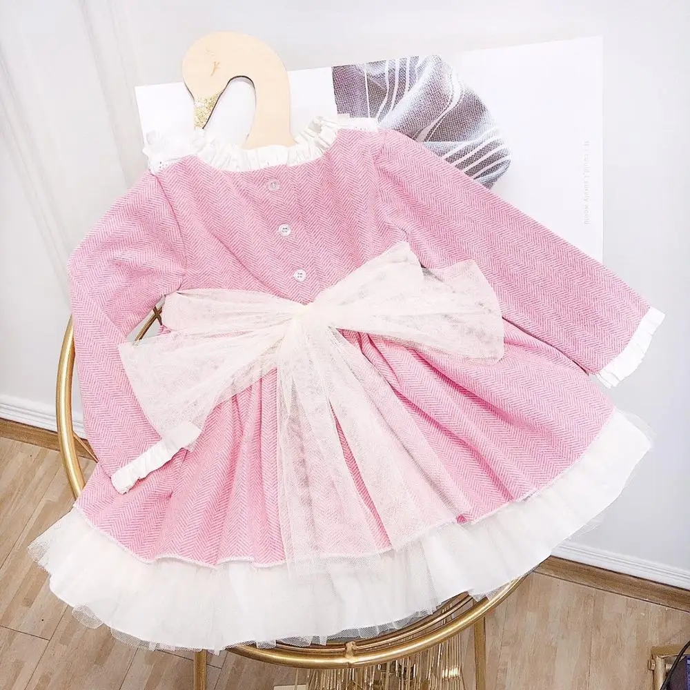 Винтажное рождественское платье vestido для маленьких девочек; кружевное Хлопковое платье в стиле Лолиты с бантом и помпонами на день рождения и свадьбу