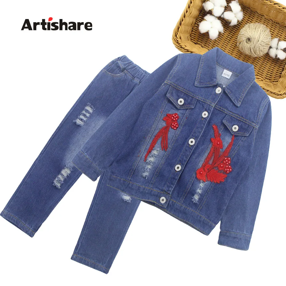 

Clothes For Girls Flower Embroidery Coat + jeans Girls Denim Clothes Set Autumn Winter Kids Tracksuit For Girls 8 10 12 14 Year