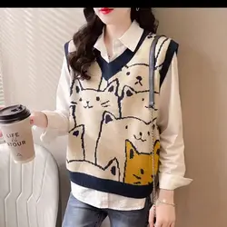 Nitted Sweaters For Women Fashion 2021 Autumn Winter Clothes Casual Sweater Vest Women Pullovers Blue Gray Knitwear Cartoon Tops