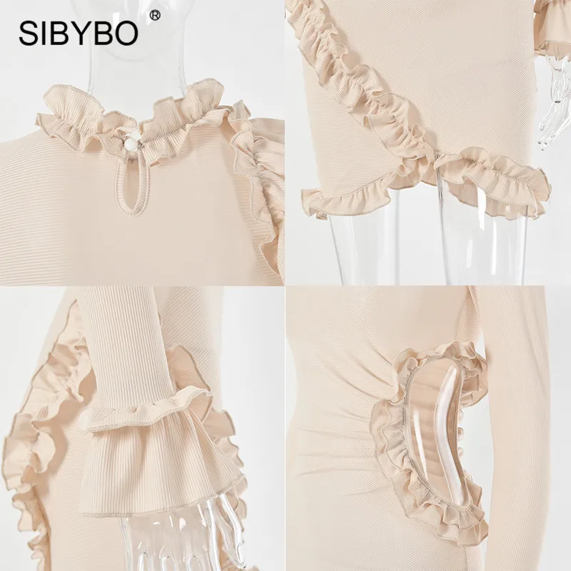 SIBYBO ажурное кружевное ребристые сексуальное платье с мини-юбкой и длинным рукавом осеннее женское платье цельное платье облегающее платье вечерние платья