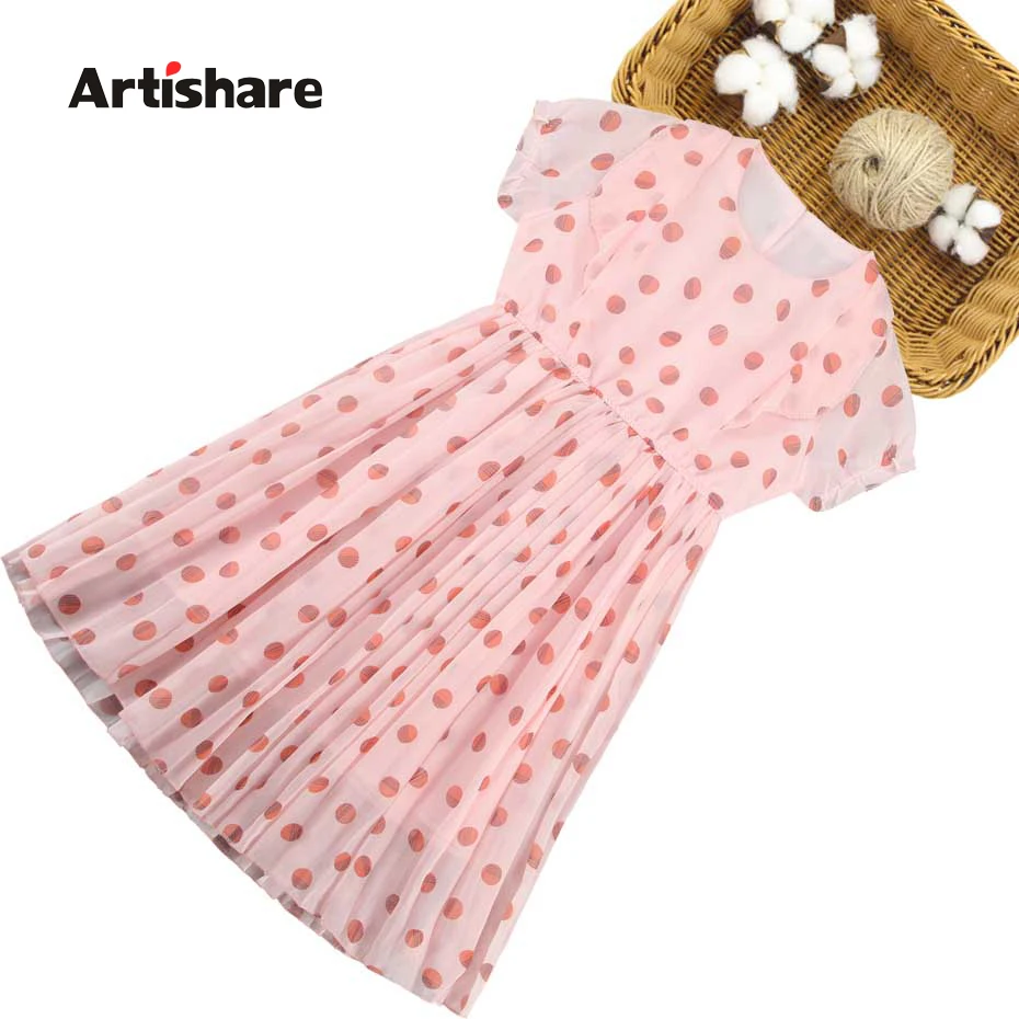 Г. Летнее платье для девочек, плиссированное праздничное платье в горошек Для Девочек Шифоновые Детские платья с оборками для девочек, милая подростковая одежда для девочек