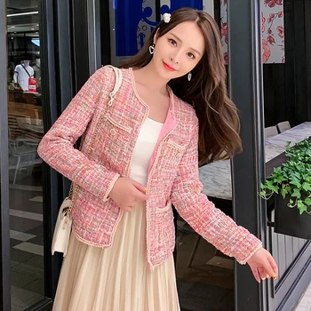 

2020 New Women Pink Tweed Jacket Coat Runway Autumn Winter Single Breasted Weave Female Fashion Vintage Outerwear
