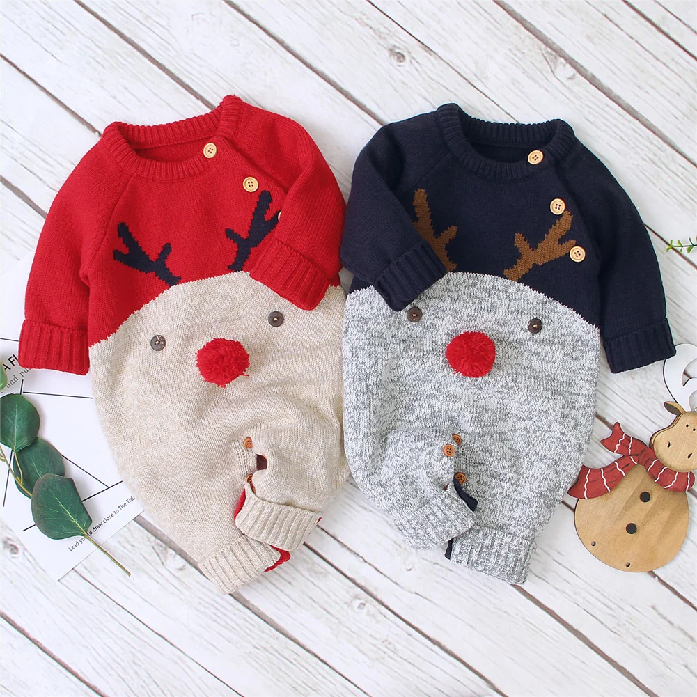 Рождественский детский комбинезон для малышей, свитер для мальчиков и девочек, спортивный костюм с длинными рукавами и рисунком оленя для мальчиков и девочек, трикотажная одежда