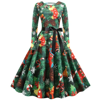

2019 Dress Womens Long Sleeve Waist Tie up Dresses Christmas Print Evening Party Swing Dress with Belt Female Big swing dress