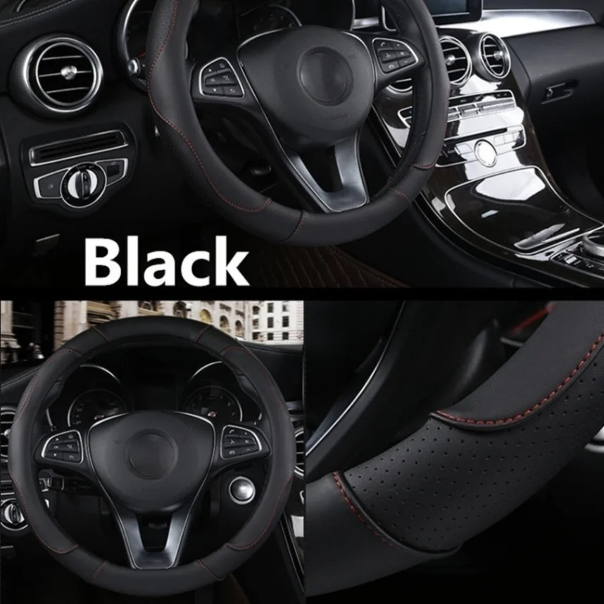 Black Спортивный стиль, контрастный цвет, нескользящий пот, хорошая дышащая искусственная кожа, 15 дюймов, автомобильный чехол на руль - Название цвета: Black