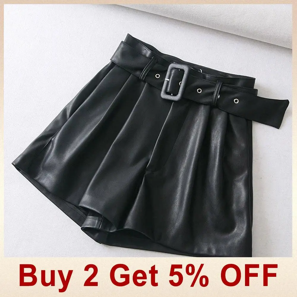 Gentillove Elegant High Waist Wide Leg PU Leather Shorts Casual Solid Loose Leather Shorts Ladies Cool Punk Faux Leather Shorts