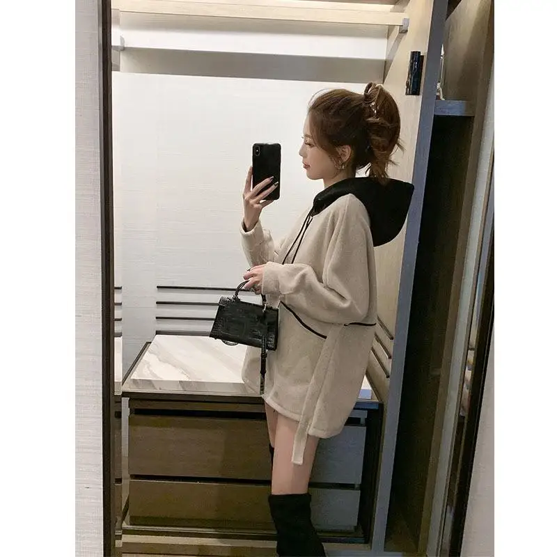 Женские повседневные толстовки с капюшоном, однотонные, контрастные цвета, свободные толстовки, Длинные Топы, толстовки большого размера