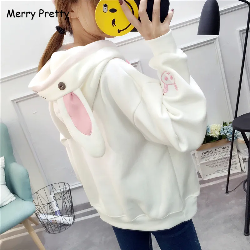 Merry Pretty Kawaii Милая толстовка с капюшоном с заячьими ушками для женщин Harajuku с мультяшной вышивкой толстовки спортивные костюмы Moletom пуловеры