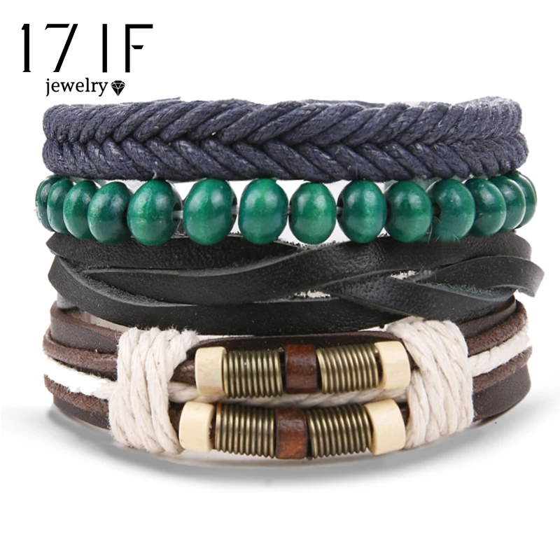 

17 IF Green Beads Vintage Multi-Layer Leather Bracelet Men'S Classic Rope Chain Charm Bracelet Men'S Jewelry Gift