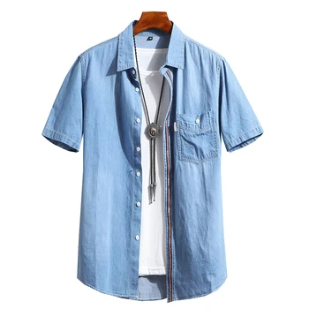 

Men Denim Shirts 2020 Summer Mens Short Sleeve Jean Shirts Man Wash Slim Fit Denim Blouse Shirts Social Male Cowboy Shirt XXXL